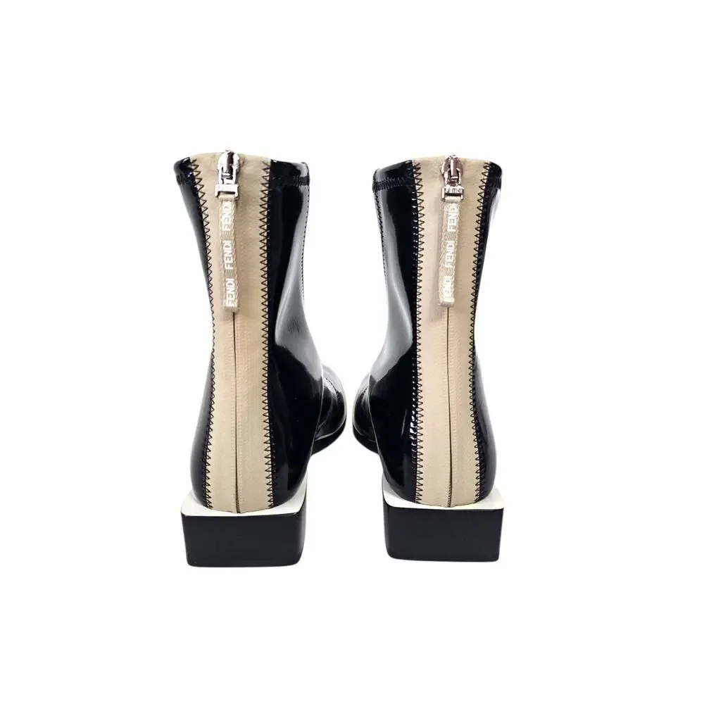 Fendi Glossy Neoprene F-Frame Ankle Boots Black 39.5 US 9.5 Square Toe